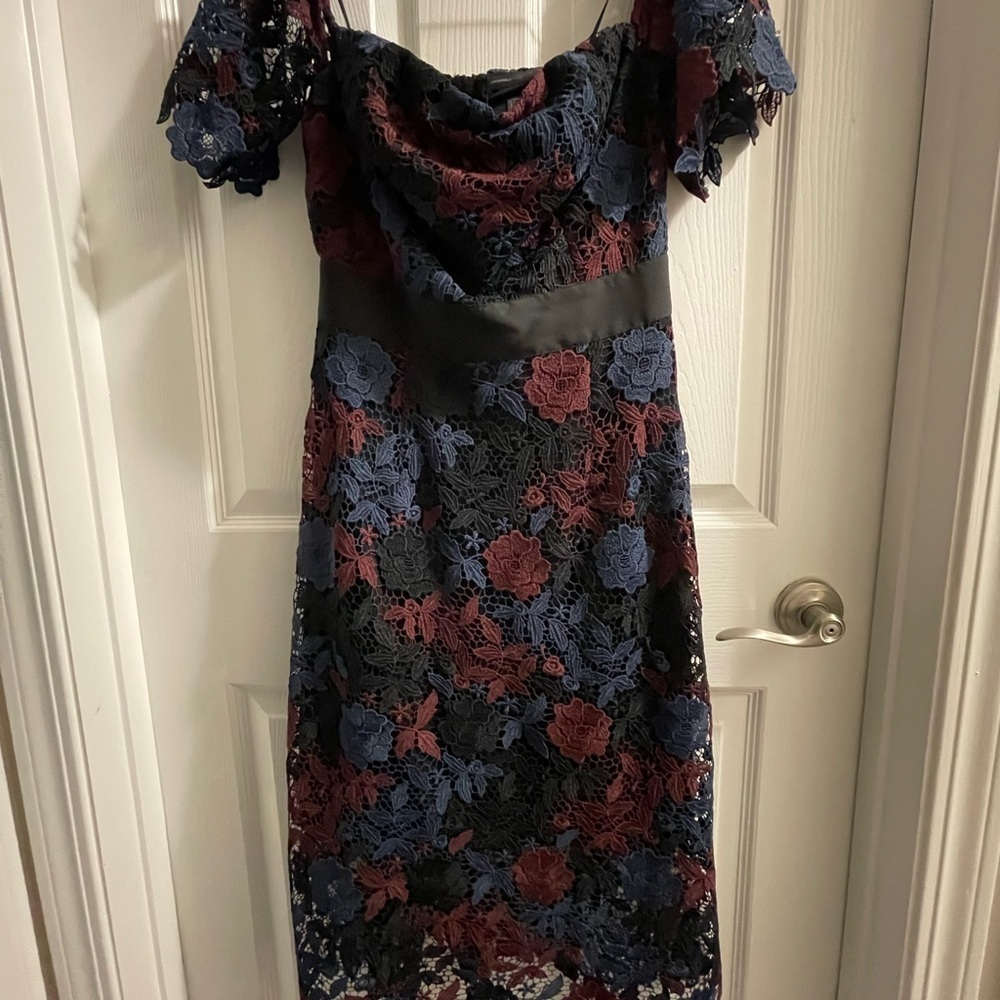 Sam Edelman Lace Off-Shoulder Dress in Black, Blue, and Red